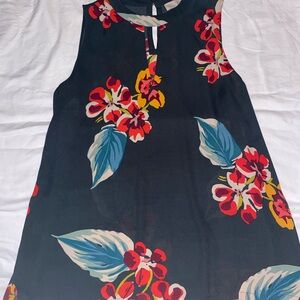 LOFT Dark Green Floral Sleeveless Blouse with Red, Yellow & Blue Accents